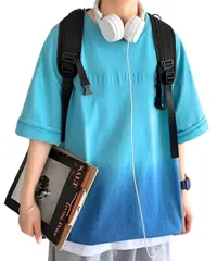[Four leaf] お洒落にキマる メンズ Tシャツ 薄手 半袖 グラデーション ストレッチ 速乾 夏服 ティーシャツ シャツ カットソー トップス ゆったり オーバーサイズ 五分袖 春 夏 春夏 (JP, アルファベット, L, ブル [ブルー] [L]