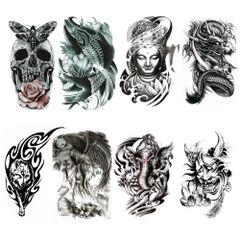[Stock Clearance Sale] Butterfly, Black Carp, Buddha Rose, Black Dragon, Tribal Wolf, Hannya Skull Mask, Grim Reaper Tattoo Stickers - 8-Piece Set - Body Stickers for Men - Japanese Traditional Tattoo Style - Large Size - Realistic - Waterproof - 15x21cm