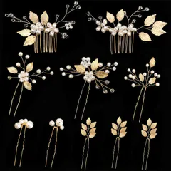 手作り ヘッドドレス ウェディングヘッドドレス Uピン フラワー 10本セット ヘア飾り ヘアアクセサリー 結婚式 パール 披露宴 二次会 木の葉モチーフ 発表会 花 卒業式 髪飾り 入学式 ゴールド パーティー パールピン 和装用髪飾り