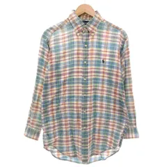 ラルフローレン RALPH LAUREN チェックシャツ M ライトブルー 緑 グリーン オレンジ ボタンダウン 長袖 /YJ