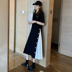 ワンピース 切替 半袖 ボタン付 サイドプリーツ ロングTシャツ Aライン 大人 可愛い カジュアル 春 夏 未使用