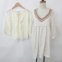 セポ CEPO ワンピース ブラウス 2枚セット 膝丈 七分袖 Vネック フリンジ プルオーバー フリル レースアップ ベージュ アイボリー M