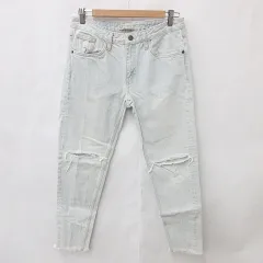 ザラ ベーシック ZARA BASIC デニム ジーンズ パンツ スリム ブリーチ ダメージ加工 フリンジ コットン ライトブルー 38