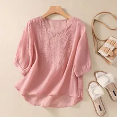 ブラウス カットソー シャツ レディース 半袖 夏 カジュアル 通勤 デート 女子会 トップス 大きいサイズ 体型カバー ゆったり ふんわり 綿 麻 通気性 刺繍 森ガール ファッション 40代 50代 未使用