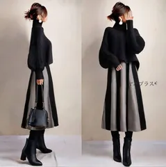 トップスレディース スカート 上下セット 2点SET 秋冬 春秋 セットアップレディース パフスリーブ 長袖プルオーバー ショート丈 ロングスカート バイカラー Aラインフレア 未使用