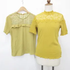 イング INGNI カットソー 2枚セット 半袖 丸首 ハイネック シアー レース 刺繍 黄 イエロー マスタード M