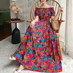 ワンピース レディース 花柄 オフショルダー ロング丈 マキシ丈 クルーネック 夏 半袖 薄手 ゆったり 大人可愛い 体型カバー 総柄 カジュアル きれいめ おしゃれ リゾート 旅行