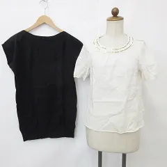 グリーンレーベルリラクシング ユナイテッドアローズ green label relaxing ユニクロ UNIQLO 2枚セット ブラウス ニット 半袖 丸首 ボートネック ギャザー スパンコール クリーム ブラック 黒 M