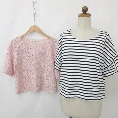アースミュージックアンドエコロジー earth music and ecology カットソー ブラウス 2枚セット クルーネック ショート丈 半袖 レース シフォン ボーダー 花柄 綿 コットン 白 黒 ピンク ホワイト ブラック F