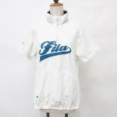 フィラ FILA GOLF ゴルフ スポーツウエア ジャケット ブルゾン 半袖 ハーフジップ プリント 別布 刺繍 白 紺 ホワイト ネイビー L