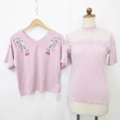イング INGNI カットソー 2枚セット ハイネック Vネック 半袖 レース 刺繍 ピンク M