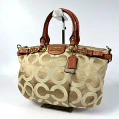 美品 coach コーチ ハンドバッグ ベージュ ピンク オプアート 馬車 18650 トートバッグ キャンバス レザー