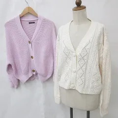 ジーユー GU RafRaf カーディガン 2枚セット ニットカーデ 長袖 Vネック ドロップショルダー 白 ピンク ホワイト L