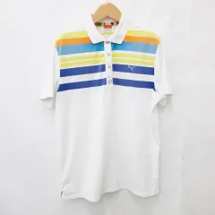 プーマ PUMA ポロシャツ ゴルフ スポーツウェア 半袖 ロゴ ボーダー 白 黄 青 ホワイト イエロー ブルー L
