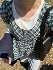 BURBERRY BLUE LABEL バーバリーブルーレーベル チュニック 38 グリーン コットン チェック柄 ワンポイント 半袖 ショート・ミニ丈