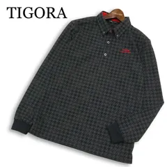 【美品】TIGORA ティゴラ 通年★ 長袖 千鳥格子 ロゴ刺繍 ストレッチ ボタンダウン ポロシャツ Sz.L メンズのサムネイル