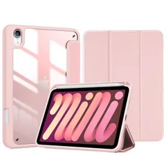 ピンク ProCase iPad Mini A17 Pro 第7世代 2024 Mini6 ケース 2021 8.3インチ ペンホルダー オートスリープ/ウェイク機能 耐衝撃 三つ折りスタンド 透明バックカバー 適用機種：iPad Mini A17 Pro 第