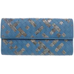 新品同様 ボッテガヴェネタ イントレチャート レザー/アイヤーズレザー ブルー 長財布 青 1269 BOTTEGAVENETA