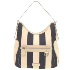 美品 バーバリー ストライプ ホーボー ワンショルダーバッグ シルバー金具 キャンバス レザー ネイビー アイボリー 紺 1220 BURBERRY