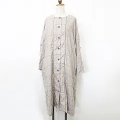 PAGE ONE ワンピース ロング フレア 丸首 リボン グレンチェック 茶 紺 ブラウン ネイビー M-L