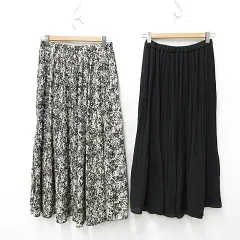 ローリーズファーム LOWRYS FARM FURRY RATE プリーツスカート 2枚セット ロング丈 フレア 総柄 黒 白 ブラック ホワイト F