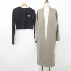 ジーユー GU スラッピー SLOPPY カーディガン カットソー 2枚セット ロングカーデ 長袖 ドロップショルダー ヘンリーネック ロゴ 茶 黒 ブラウン ブラック M F