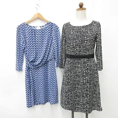 コムサイズム COMME CA ISM EMM A JAMES ワンピース 2枚セット 七分袖 ひざ丈 総柄 ブラック ホワイト ブルー グレー ネイビー 黒 白 青 M