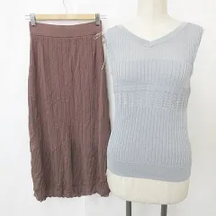 ジーユー GU ニット セーター スカート 2枚セット Vネック ノースリーブ フレア ロング ブルー グレー 茶 ブラウン S