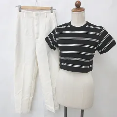 ジーユー GU アプレジュール apres jour カットソー テーパードパンツ 2枚セット 半袖 丸首 ショート丈 ストレート ロング丈 ボーダー 黒 白 ブラック ホワイト F M