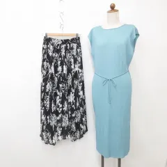 アズールバイマウジー AZUL by moussy ユニクロ UNIQLO スカート ワンピース 2枚セット プリーツ ロング 花柄 クルーネック フレンチスリーブ 紐ベルト 黒 白 緑 ブラック ホワイト グリーン S