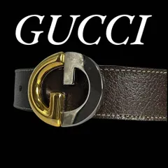 美品　GUCCI　034　ベルト　レディースベルト　メタルロゴ　金銀バイカラー　レザー　ブラック　ゴールド&シルバー