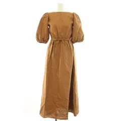 ミィ mie バックオープンリネンワンピース ロング ボートネック 半袖 リボン 麻 9 M 茶 ブラウン /YT