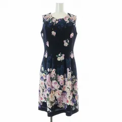 ローズティアラ Rose Tiara ワンピース フレア ミモレ ロング ノースリーブ タック 花柄 プリント 36 S 紺 ネイビー マルチカラー /KU