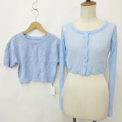 グレイル GRL ニット カーディガン セーター 2枚セット 長袖 ボートネック ショート丈 半袖 クルーネック 青 ブルー F