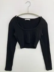 ZARA ザラ Tシャツ/カットソー USA S ブラック 無地 ショート丈 長袖 Uネック