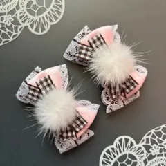 ファー付き♡ギンガムリボン ❶　茶ピンク　ヘアクリップ  量産型　地雷　ゴスロリ　天使界隈　サブカル　コンカフェ