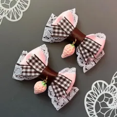 いちご♡ギンガムリボン ❶ 　茶ピンク　ヘアクリップ  量産型　地雷　ゴスロリ　天使界隈　サブカル　コンカフェ