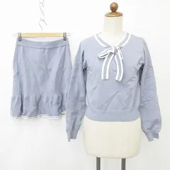 トッコ TOCCO closet セットアップ ニット スカート 長袖 ボウタイ フレア ひざ丈 ブルー グレー オフホワイト Mのサムネイル