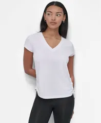 ダナ キャラン ニューヨーク レディース トップス Tシャツ Vネック ギャザー DKNY Sport Womens Ruched Side Seams VNeck Tech TShirt Whiteのサムネイル