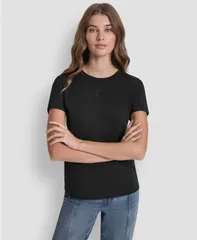 ダナキャランニューヨーク レディース トップス Tシャツ クルーネック ロゴ DKNY Jeans Womenstacked Eyelet Logo Crewneck TShirt BLack ブラッのサムネイル
