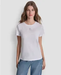 ダナキャランニューヨーク レディース トップス Tシャツ クルーネック ロゴ DKNY Jeans Womenstacked Eyelet Logo Crewneck TShirt White ホワイのサムネイル