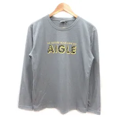 エーグル AIGLE Tシャツ カットソー クルーネック プリント 長袖 M グレー 黄 イエロー 紺 ネイビー /MS