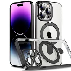 【特価商品】耐衝撃構造 透明柔らかいTPU 薄型軽量 レンズ保護 アイフォン15 多機能 車載ホルダー対応 Pro Pro カバー 用 用 メッキ加工 クリア 磁気カバー リング付き MagSafe対応 クリアケース（iPhone ケース 15 15Proブラ