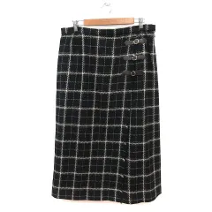 レマロン remalon 台形スカート フレア ロング ウール ラップ チェック フリンジ 黒 ブラック ベージュ 白 ホワイト グレー /MS