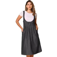 アレグラ ケー レディース トップス ワンピース ミディ オーバーオール デニム ALLEGRA K Suspender Dress for Womens Button Front Classic U Neck Overall Denimidi Dress w