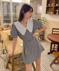 韓国♡セーラー襟　ギンガムチェック柄ワンピース　春コーデ　レディース　半袖可愛い
