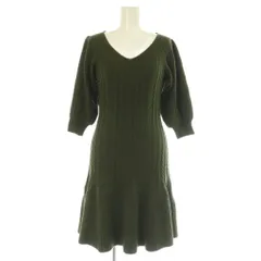 リリーブラウン Lily Brown 変形柄編みニットワンピース ミニ 七分袖 Vネック ボリュームスリーブ F カーキ /MY ■OS