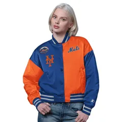 スターター レディース アウター ジャケット・ブルゾン クロップド WomenstarteroyalOrange New York Mets Offside Cropped FullSnap Varsity Jacket Met Blue ブルー