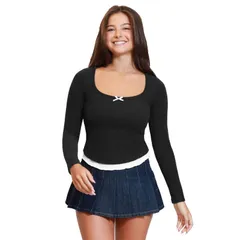 マッデンガール レディース トップス Tシャツ フリル裾 フリル Juniors madden girlong Sleeve Scoop Neck Top with Ruffle Hem Bow Trim Black ブラック