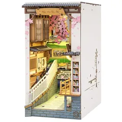 【新品】 ROBOTIME ブックヌック キット 立体パズルで作る「桜の電車」- 桜咲く駅の世界を再現！LED内蔵 3Dウッドパズル ブックヌックシリーズ 本立て ブックエンド機能付き 大人も子供も楽しめる木製ミニチュア キット 和風 インテリア雑貨 手作 1